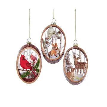 Owl & fox, cardinal or deer glitter glass ornament