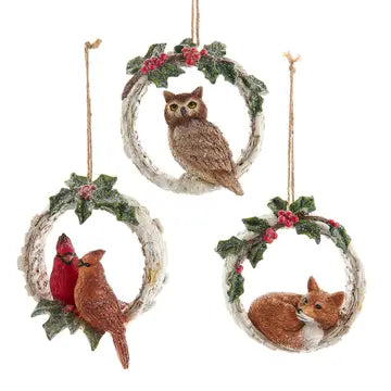 Owl, cardinal, fox in tree hole ornament